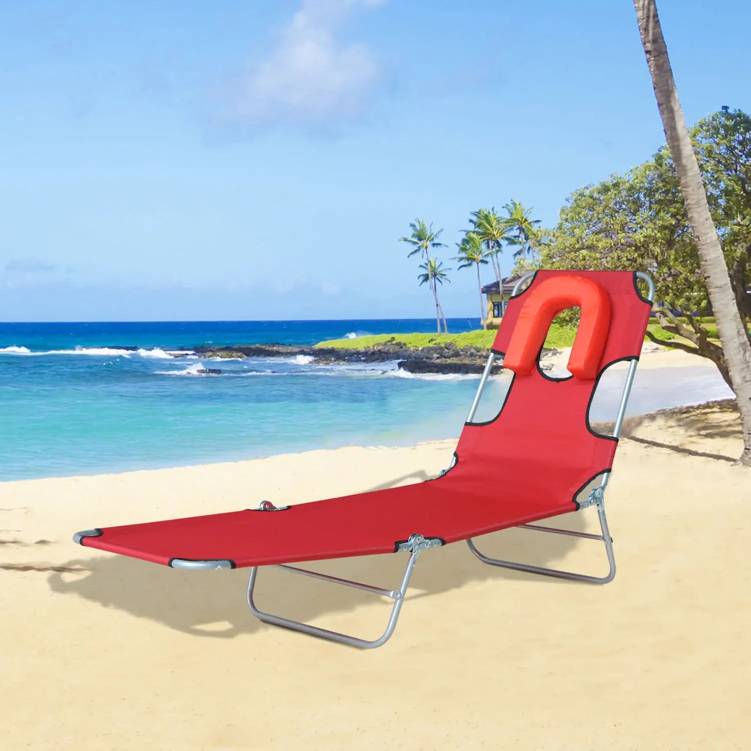 Outdoor Lounge Chair, Adjustable Folding Chaise, Sun Lounger Bed, Red Lounger Chairs at Gallery Canada