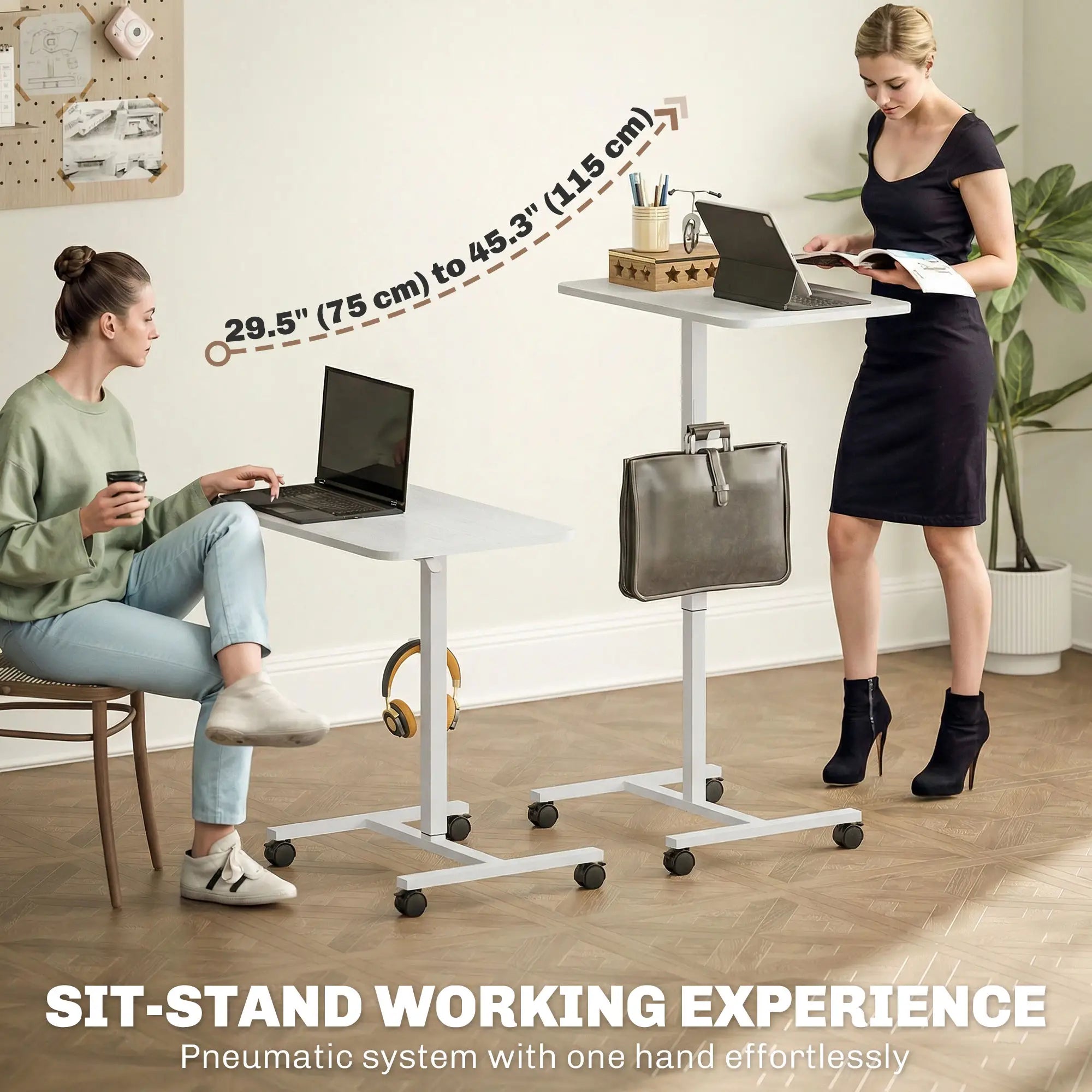 Height Adjustable Standing Desk, Pneumatic Sit Stand Desk, White Wood Grain, White Office Desks & Work Stations at Gallery Canada
