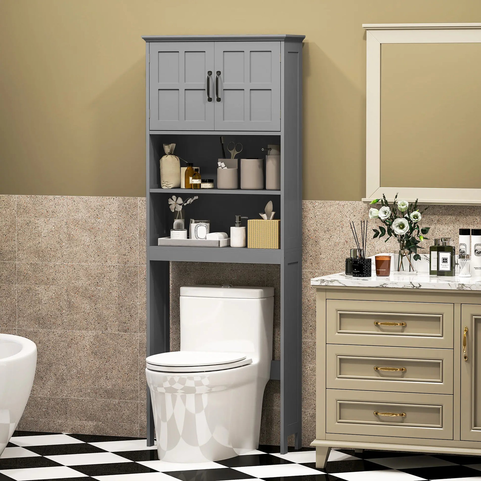 Modern Over Toilet Storage, Bathroom Cabinet with Shelves, Double Door, Grey Bathroom Cabinets at Gallery Canada