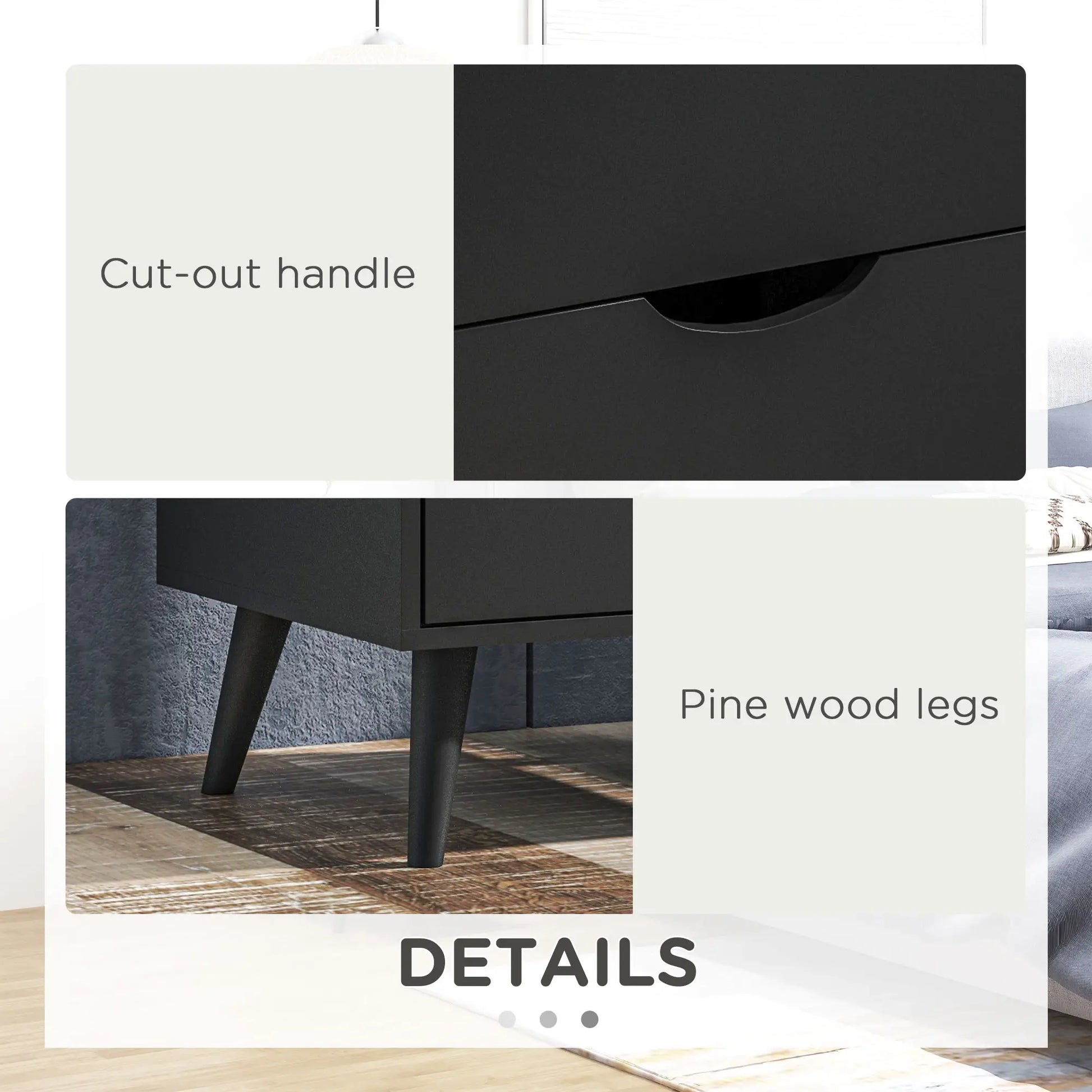 Modern Bedside Table, Nightstand with 2 Drawers, Pine Wood Legs, Black Bedside Tables at Gallery Canada