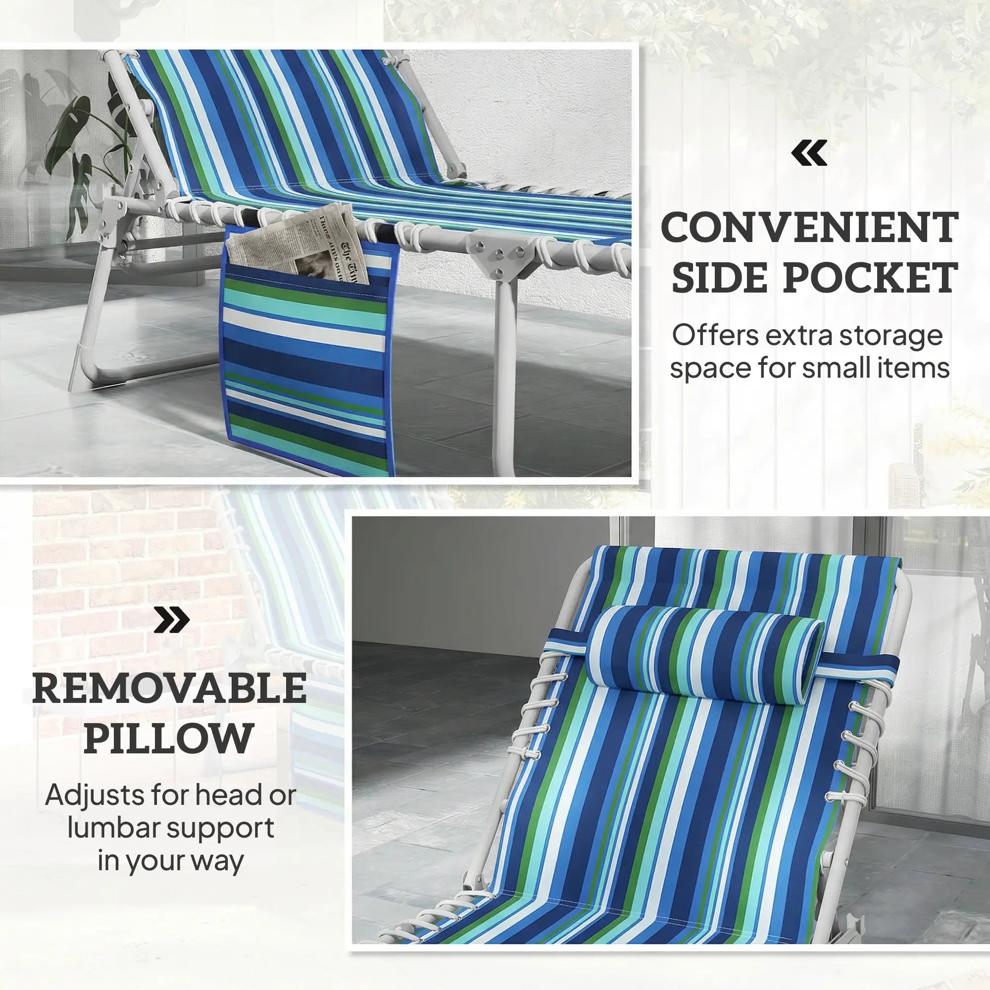 Folding Outdoor Lounge Chair, With Face Hole And Side Table, Blue Stripe Lounger Chairs at Gallery Canada