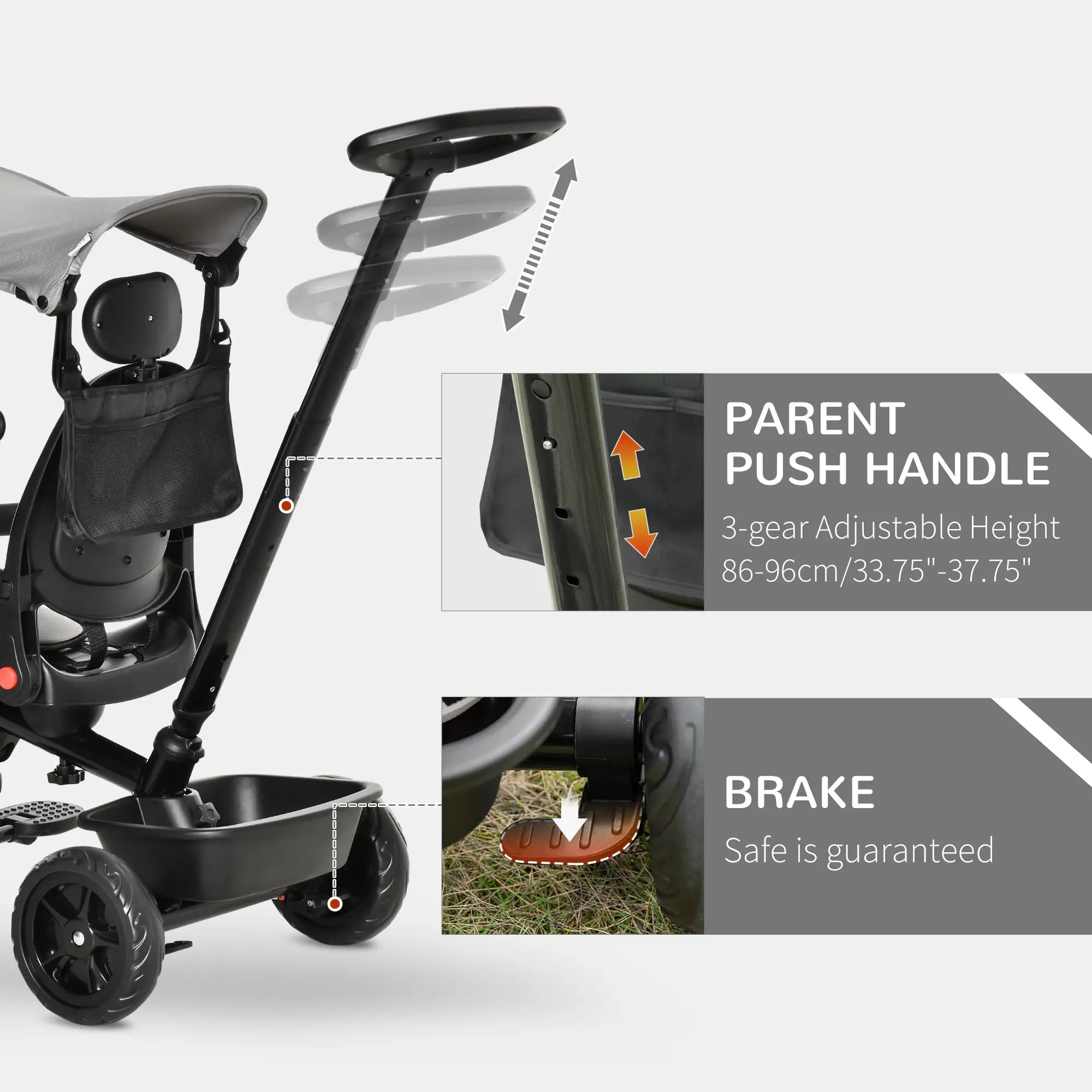 Kids Tricycle, 4 In 1 Trike, Adjustable Seat, Removable Canopy, Grey Tricycles for Kids at Gallery Canada