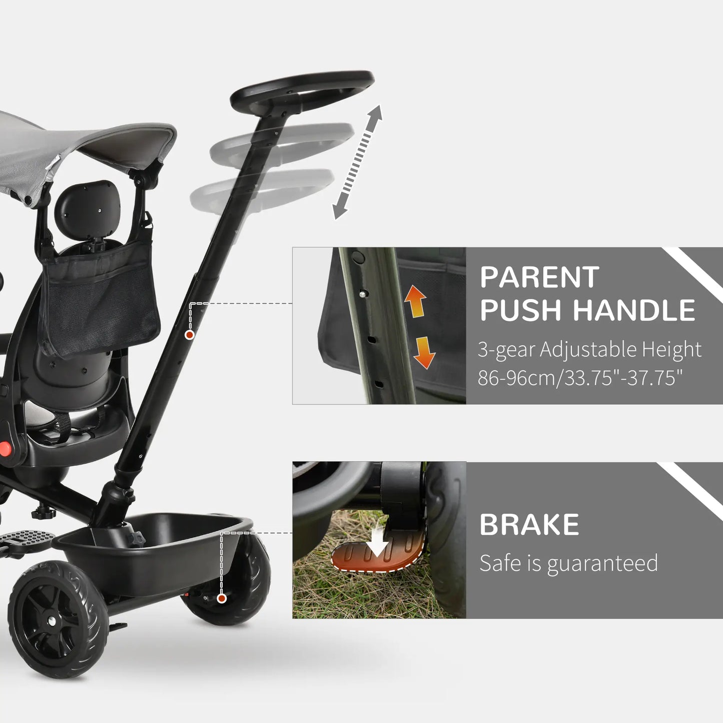 Kids Tricycle, 4 In 1 Trike, Adjustable Seat, Removable Canopy, Grey Tricycles for Kids at Gallery Canada