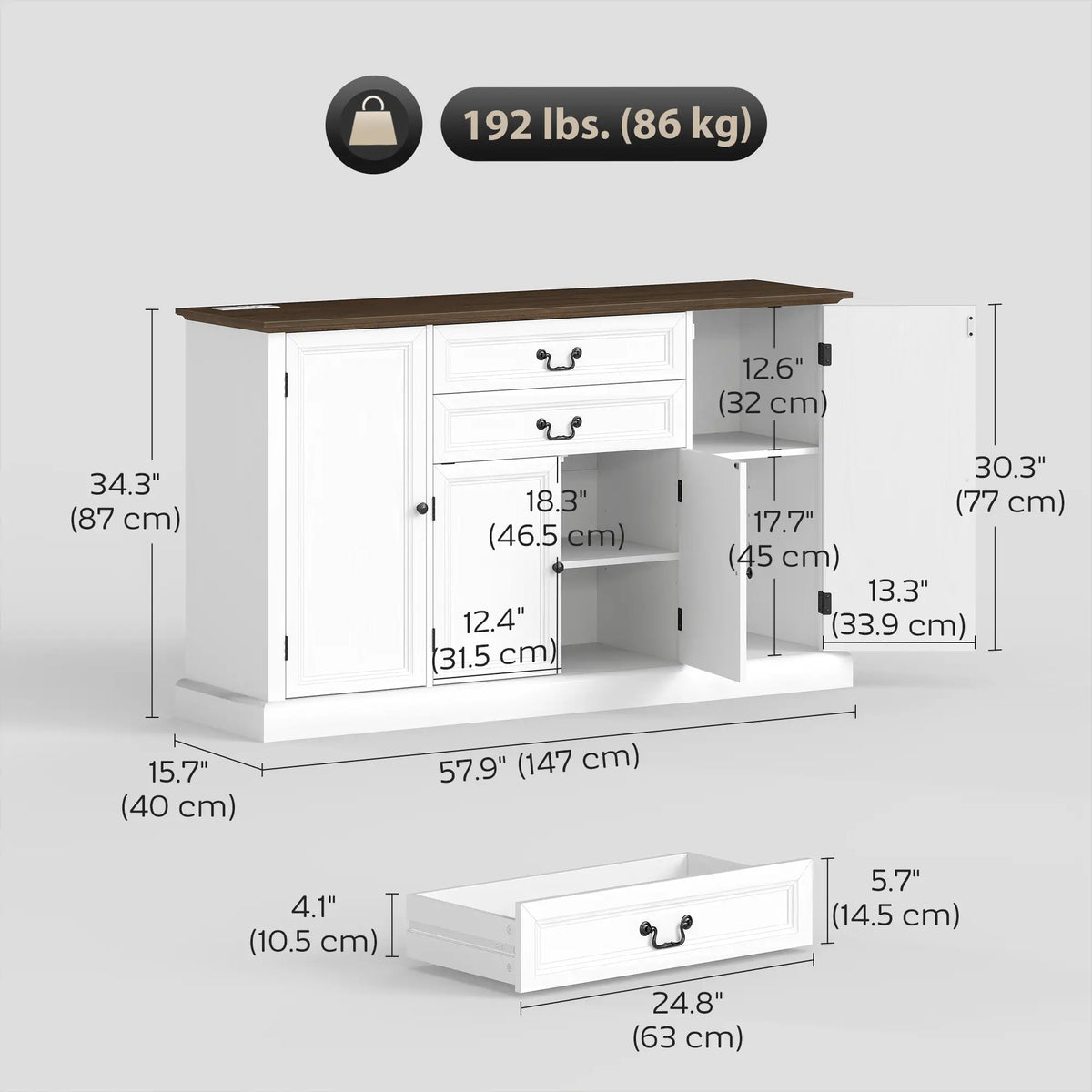 Farmhouse Sideboard with Charging Station, 58 Inch Buffet Cabinet, White Storage Cabinets at Gallery Canada