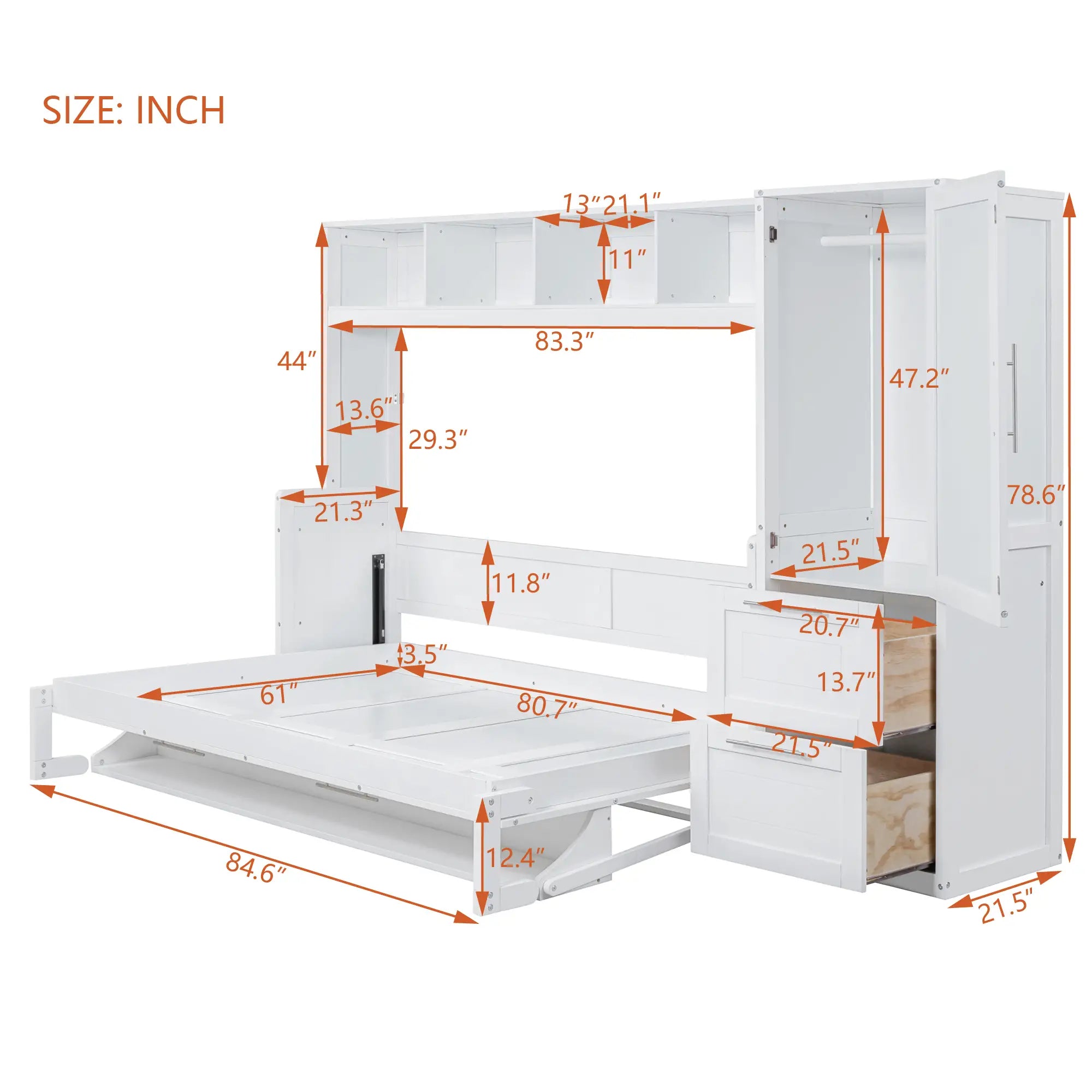 Murphy Bed with Side Flip, Closet, Drawers, 112