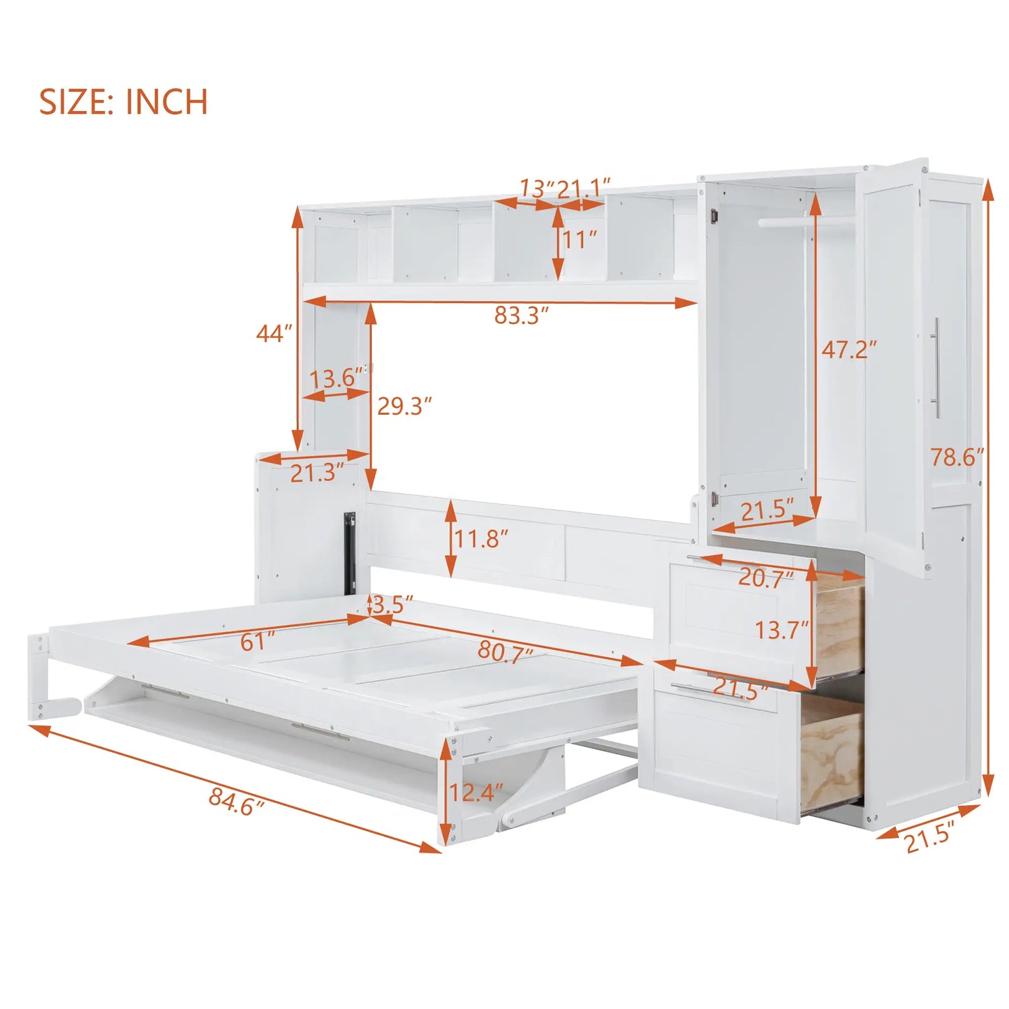 Murphy Bed with Side Flip, Closet, Drawers, 112" L x 21.5" W x 78.5" H, White Bed Frames at Gallery Canada