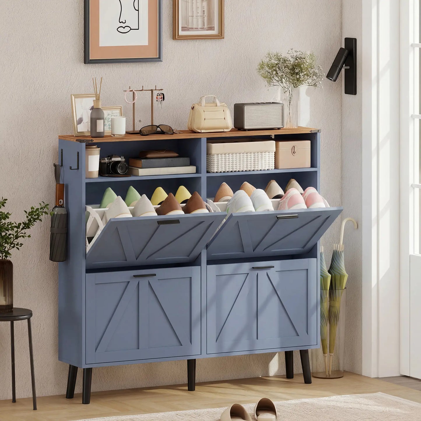 Shoe Storage Cabinet, 4 Flip Drawers, Farmhouse Narrow, Holds 24 Pairs, Blue Shoe Storage Cabinets & Racks at Gallery Canada