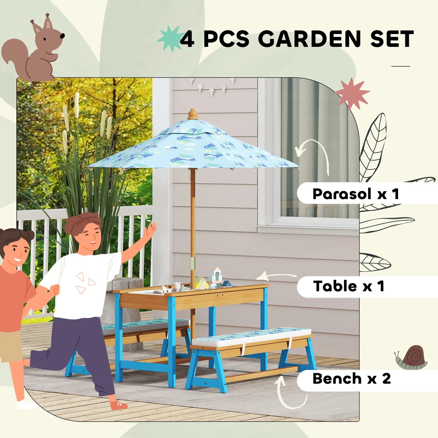 Kids Picnic Table Bench Set with Umbrella, Cushions, Boxes, Dinosaur Theme, Blue Kids Outdoor Furniture at Gallery Canada