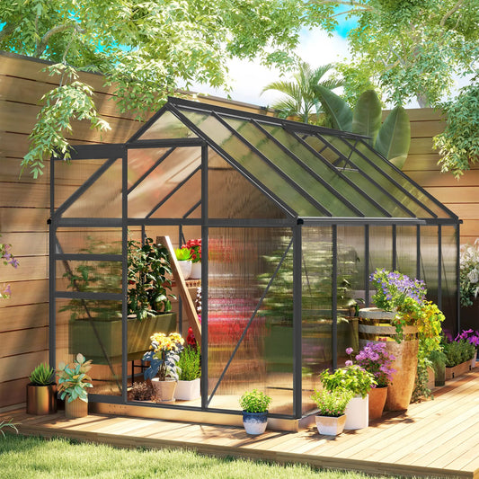6' x 12' x 6.5' Polycarbonate Greenhouse, Walk-in, Adjustable Roof Vent, Sliding Door, Charcoal Grey Walk In Greenhouses Clear, Charcoal Grey at Gallery Canada