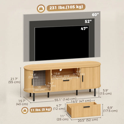 TV Stand for TVs up to 60", Modern Entertainment Center with Curved Sliding Doors and Storage, Natural Wood