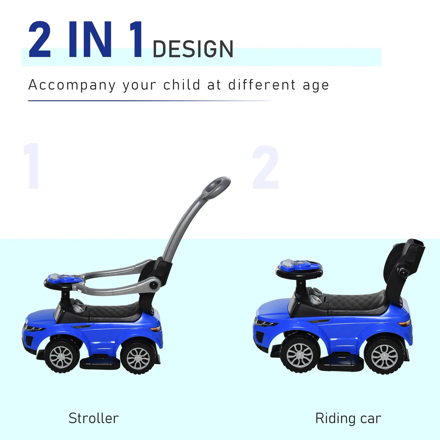 2 in 1 Kid Ride on Push Car Stroller, Sliding Ride on Car with Horn, Music, Light, Secure Bar, Blue Push Cars for Toddlers at Gallery Canada
