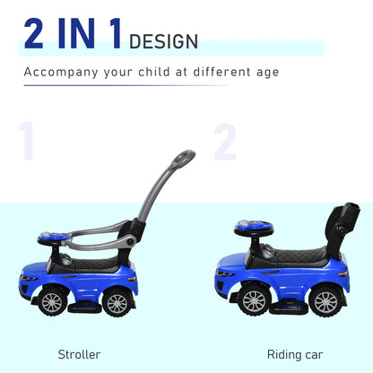 2 in 1 Kid Ride on Push Car Stroller, Sliding Ride on Car with Horn, Music, Light, Secure Bar, Blue Push Cars for Toddlers at Gallery Canada