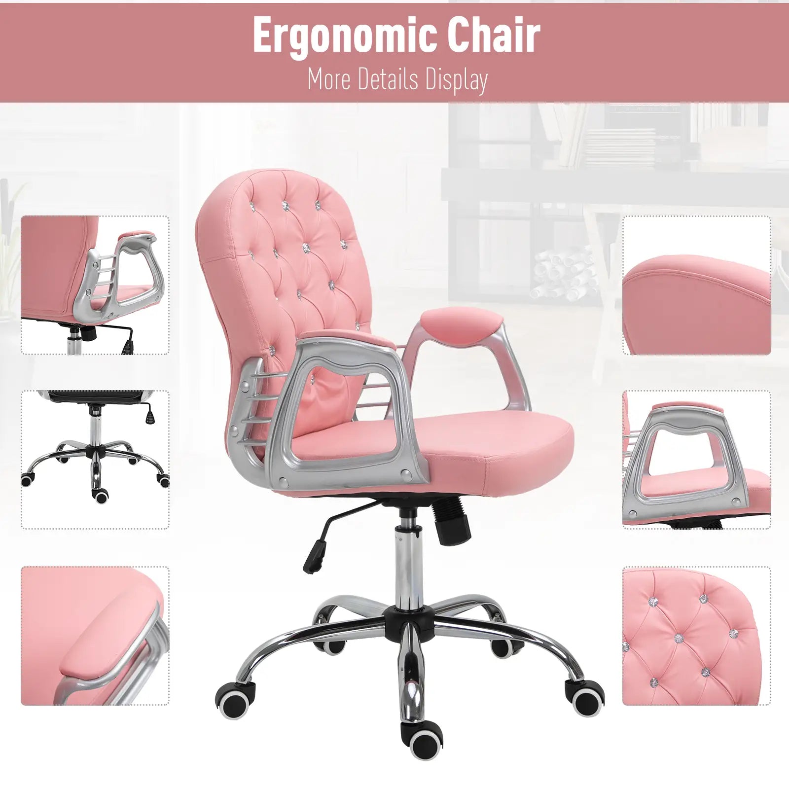 Office Chair, Computer Desk Chair with Adjustable Height and Tufted Back, Pink Task Chairs at Gallery Canada