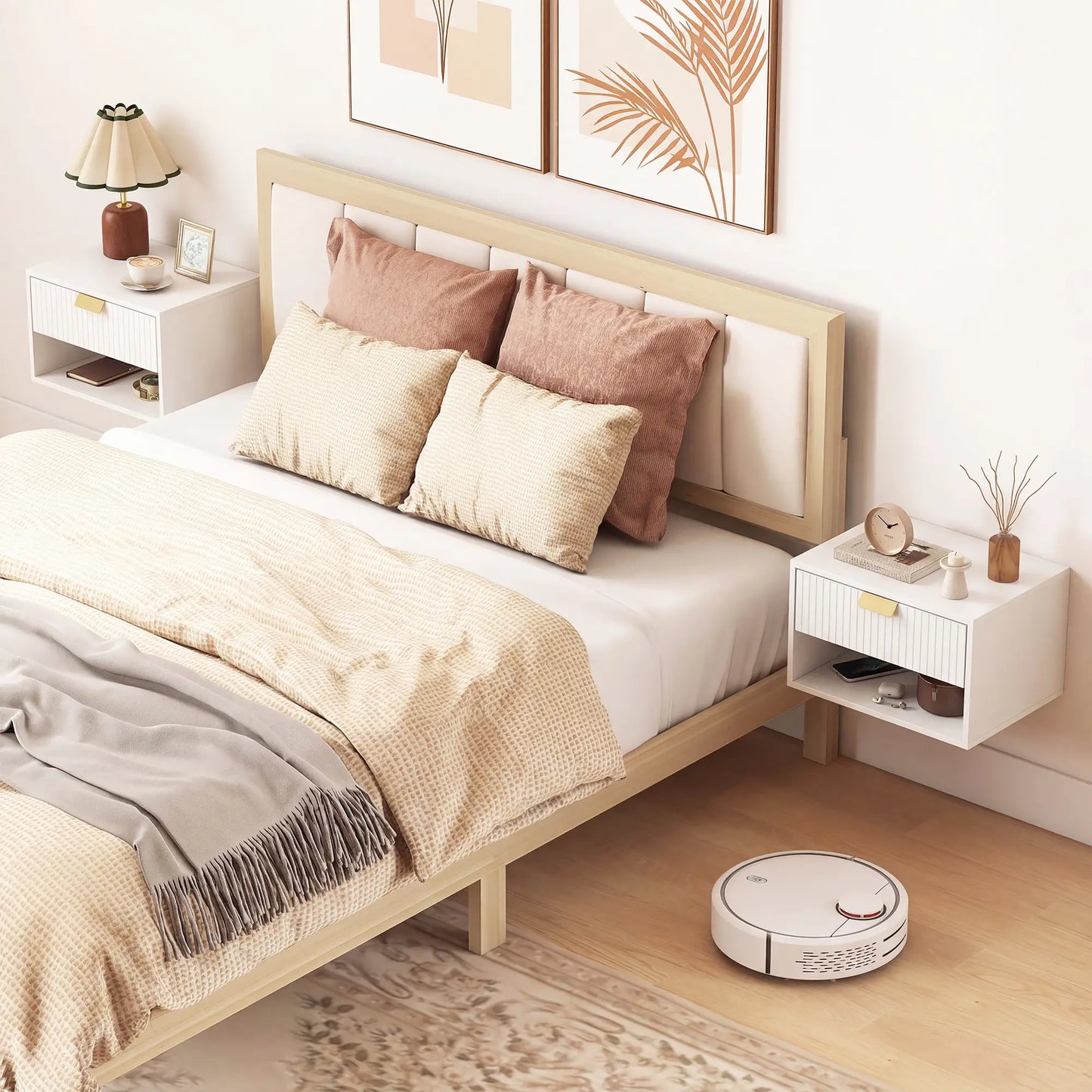 Set of 2 Floating Nightstands, Wall Mounted with Fluted Drawer and Shelf, White