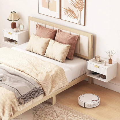 Set of 2 Floating Nightstands, Wall Mounted with Fluted Drawer and Shelf, White
