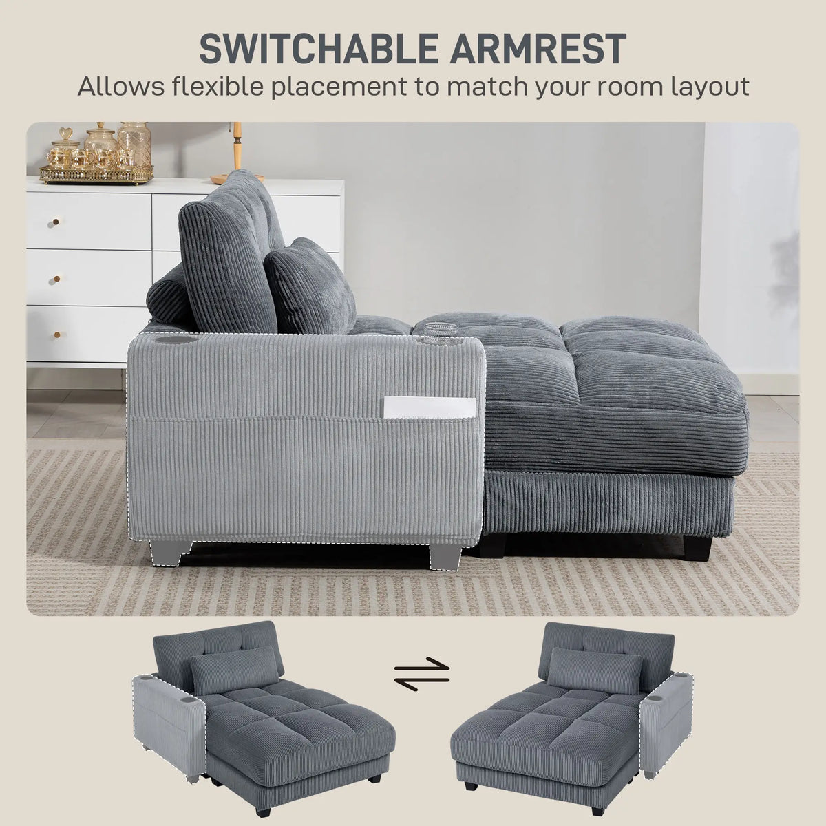 58 Inch Chaise Lounge, Oversized Corduroy Sofa Bed, Dark Grey Sofas & Reclining Chairs at Gallery Canada