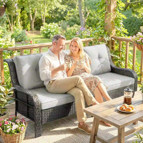 Wicker Patio Sofa With Cushions, 3 Seater Rattan Outdoor Couch, Light Grey
