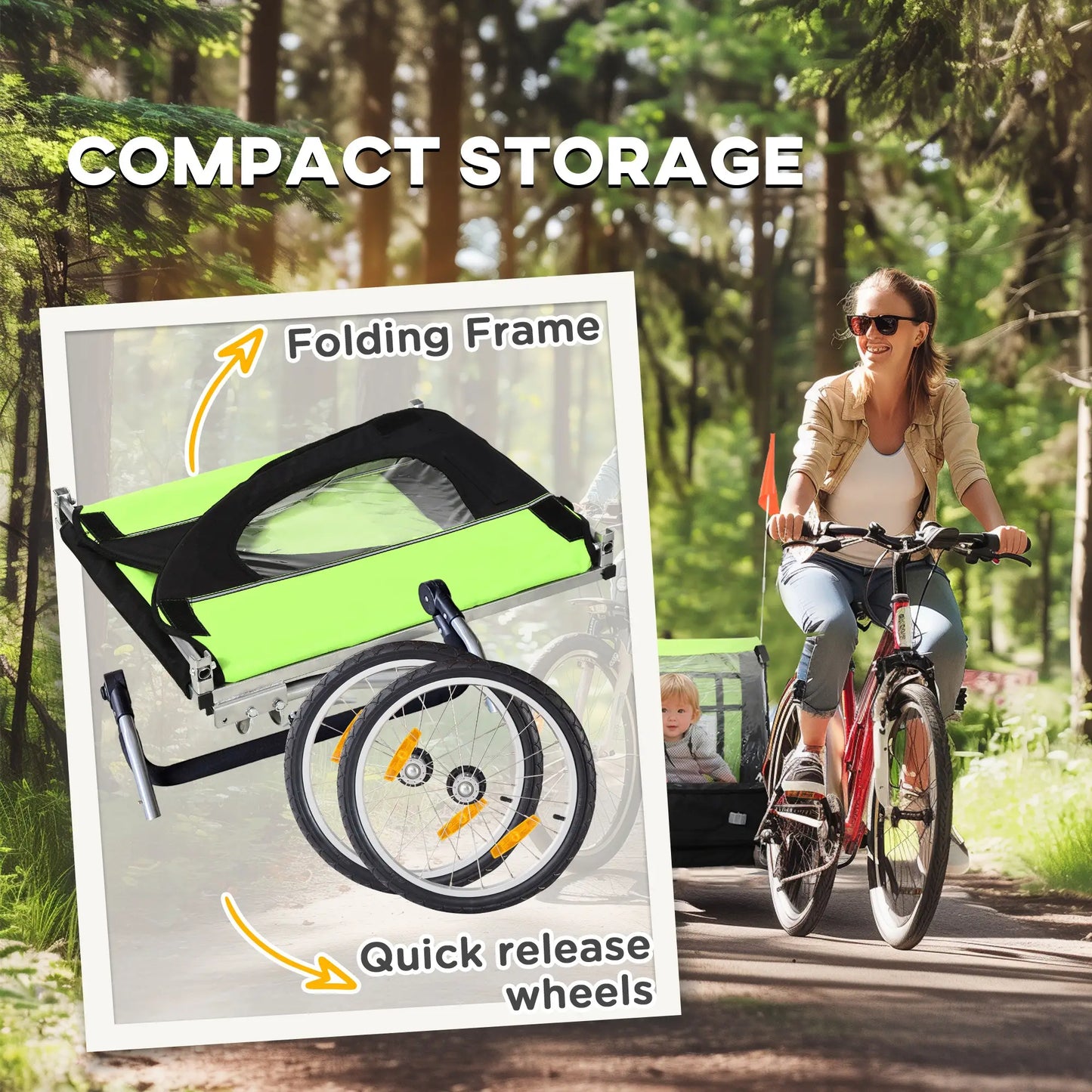 2-Seat Child Bike Trailer, Steel Frame, 5-Point Harness, Green