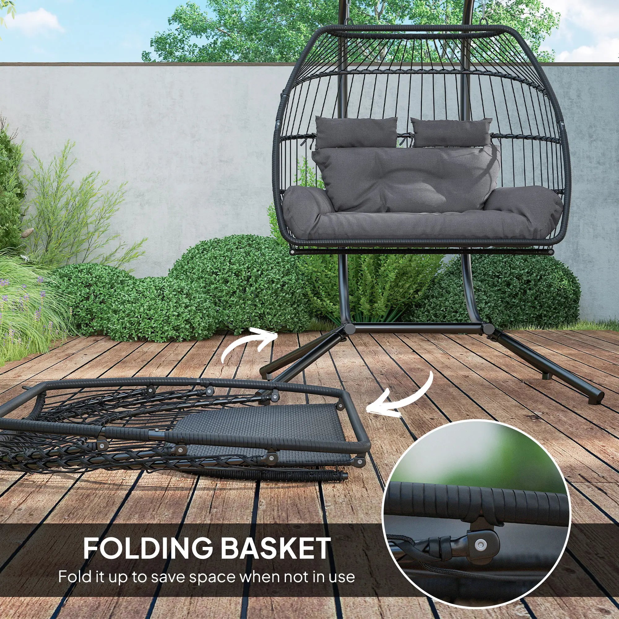 Double Wicker Egg Swing Chair, Foldable with Stand, UV Resistant Cushion, Headrest, Dark Grey Patio Swings with Stand at Gallery Canada