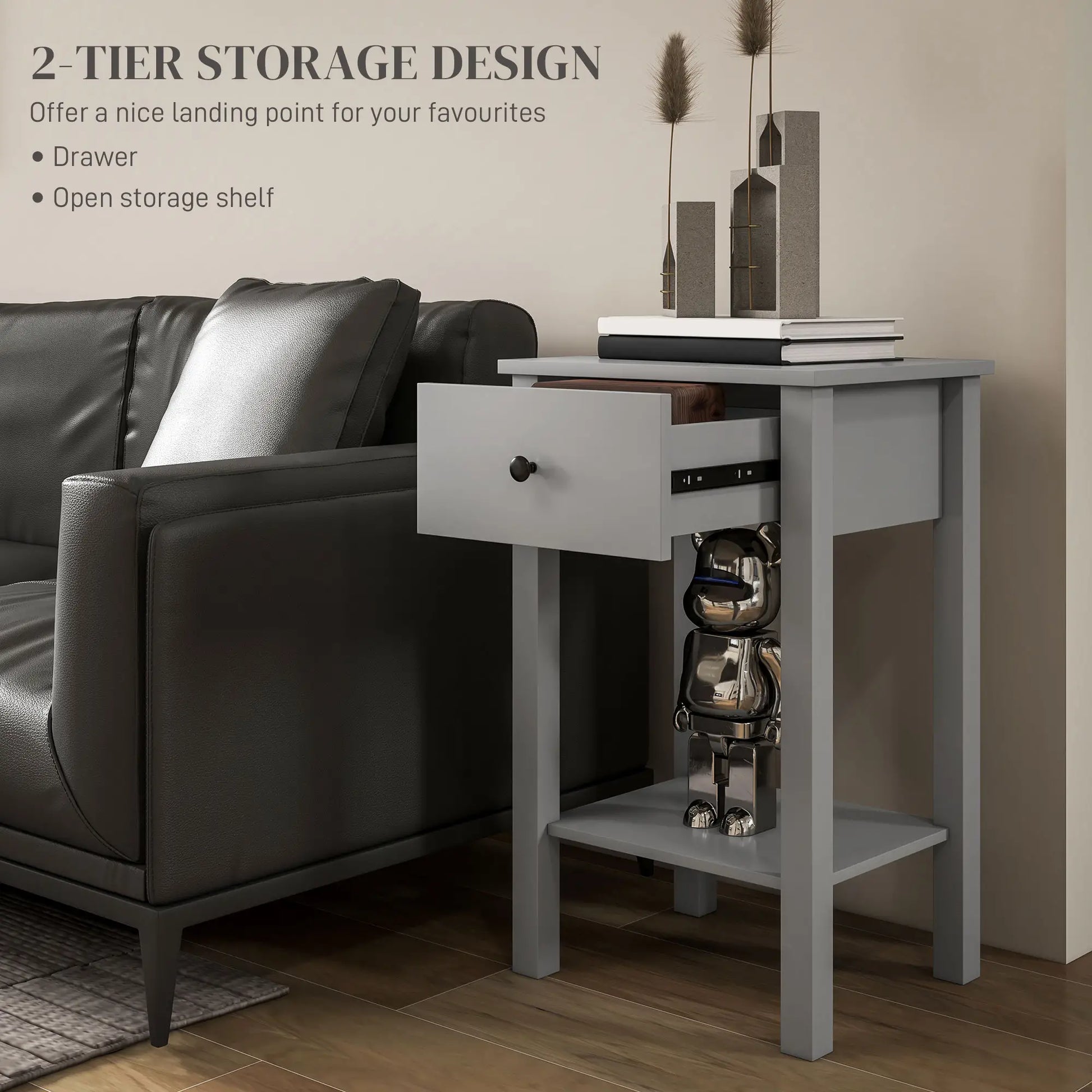 2-Tier End Tables Set of 2, with Drawer, Bottom Shelf, Grey Side Tables at Gallery Canada