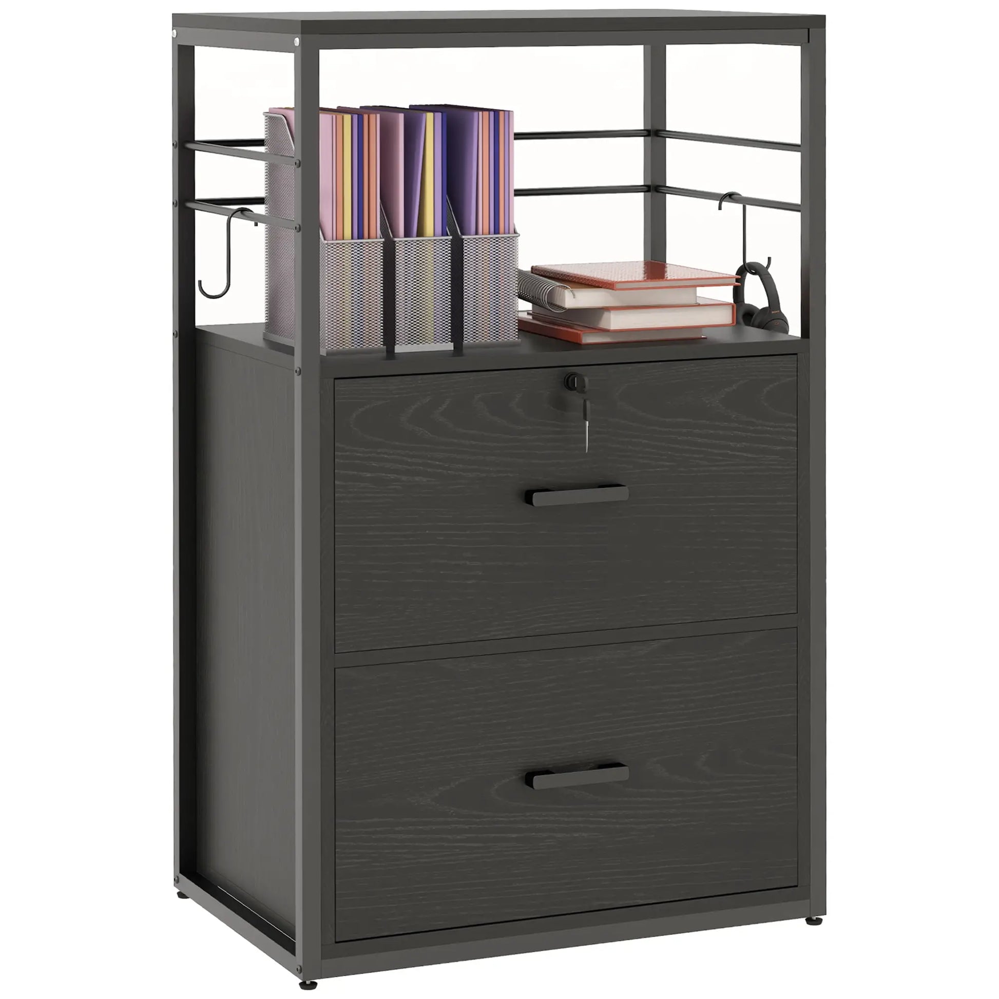 Lockable 2 Drawer Filing Cabinet, Adjustable Hanging Bar, Letter, A4, Legal Size, Black Office Cabinets & Cupboards Black at Gallery Canada