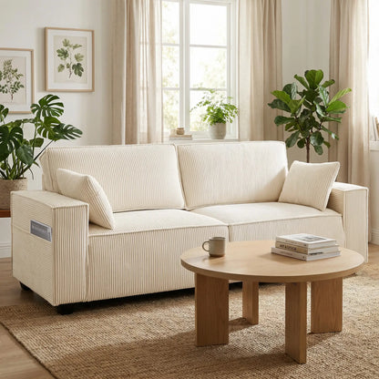 86" 3 Seater Sofa, Modern Corduroy Upholstered Couch, Beige 3-Seater Sofas at Gallery Canada
