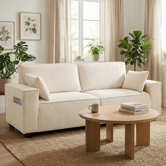 86" 3 Seater Sofa, Modern Corduroy Upholstered Couch, Beige 3-Seater Sofas Beige at Gallery Canada