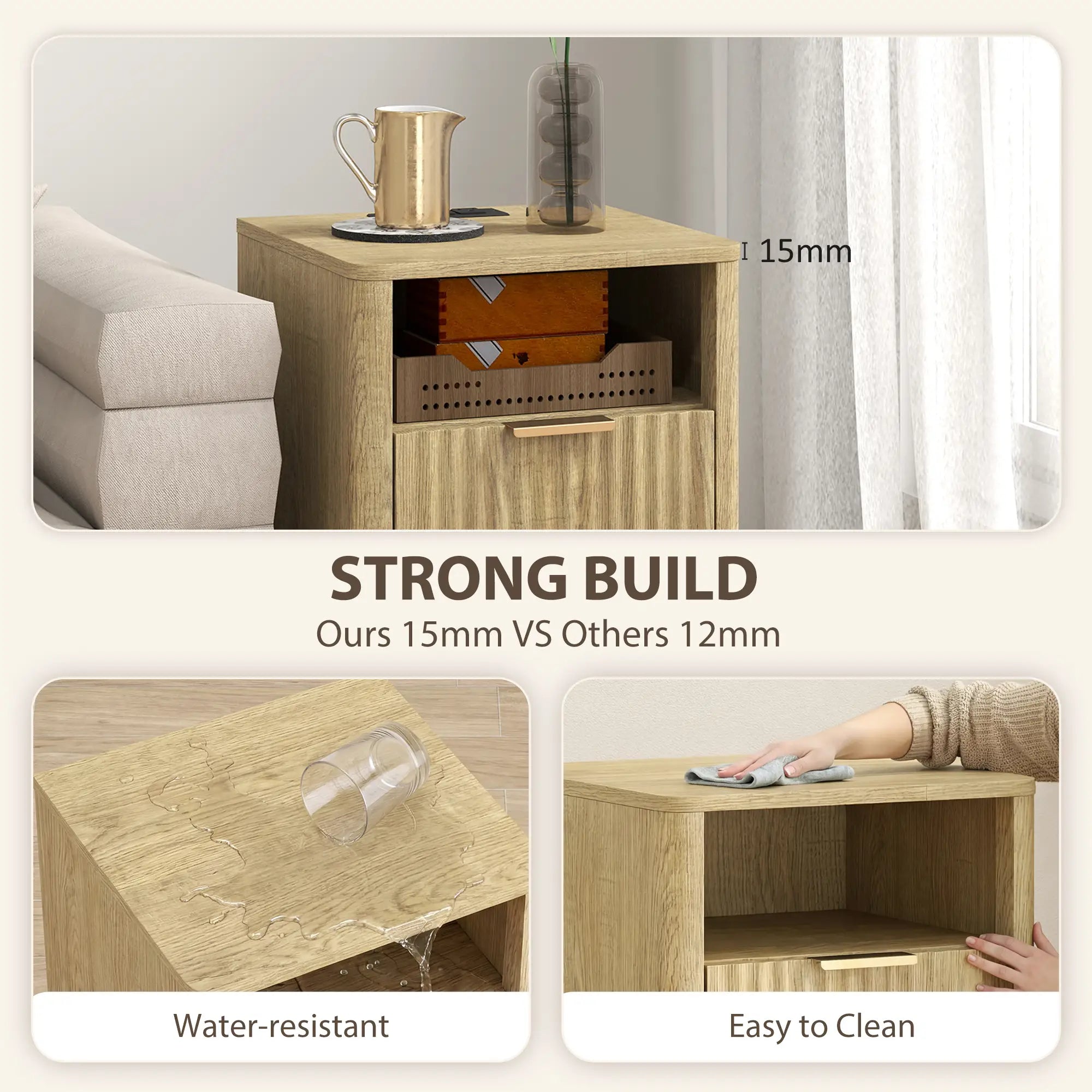 Modern Nightstands Set Of 2, Charging Station, 2 Drawers, Open Shelf, Oak Bedside Tables at Gallery Canada