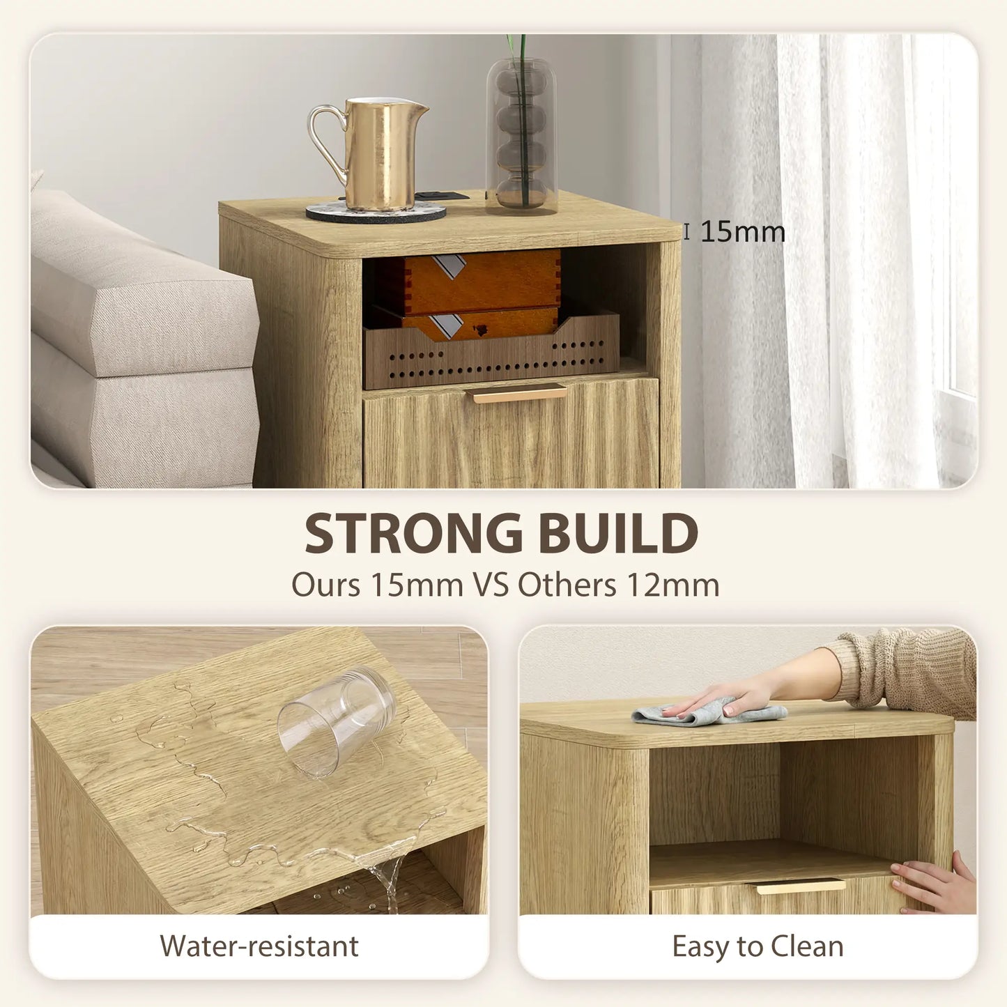 Modern Nightstands Set Of 2, Charging Station, 2 Drawers, Open Shelf, Oak Bedside Tables at Gallery Canada