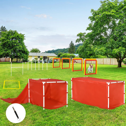Dog Agility Training Equipment Set with Adjustable Hurdle, Tunnel, Chute, Weave Poles, Pause Box, Panels, Outdoor Obstacle Course Kit with Whistle - Gallery Canada
