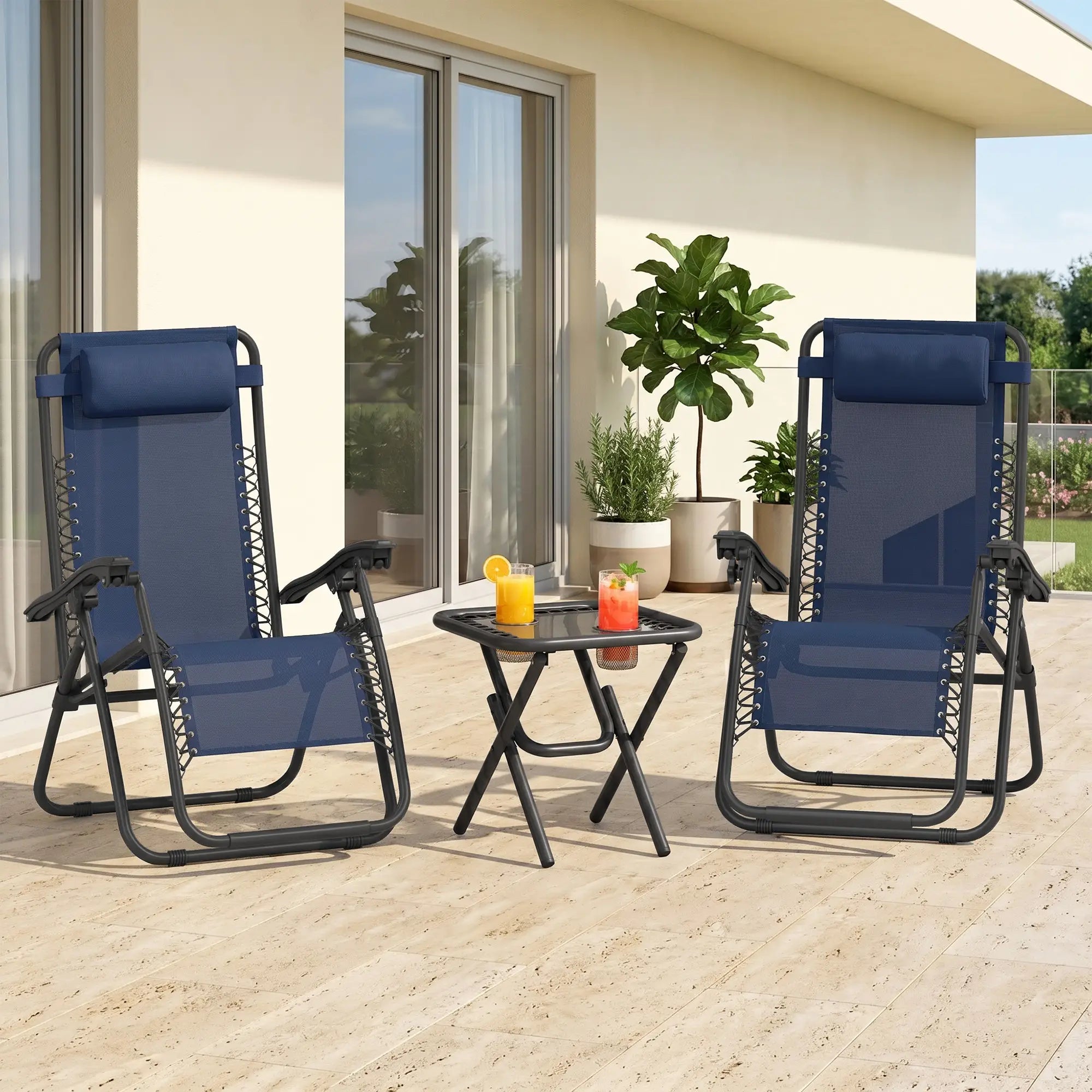 Zero Gravity Chair Set of 2, Patio Chair with Side Table, Blue Lounger Chairs at Gallery Canada