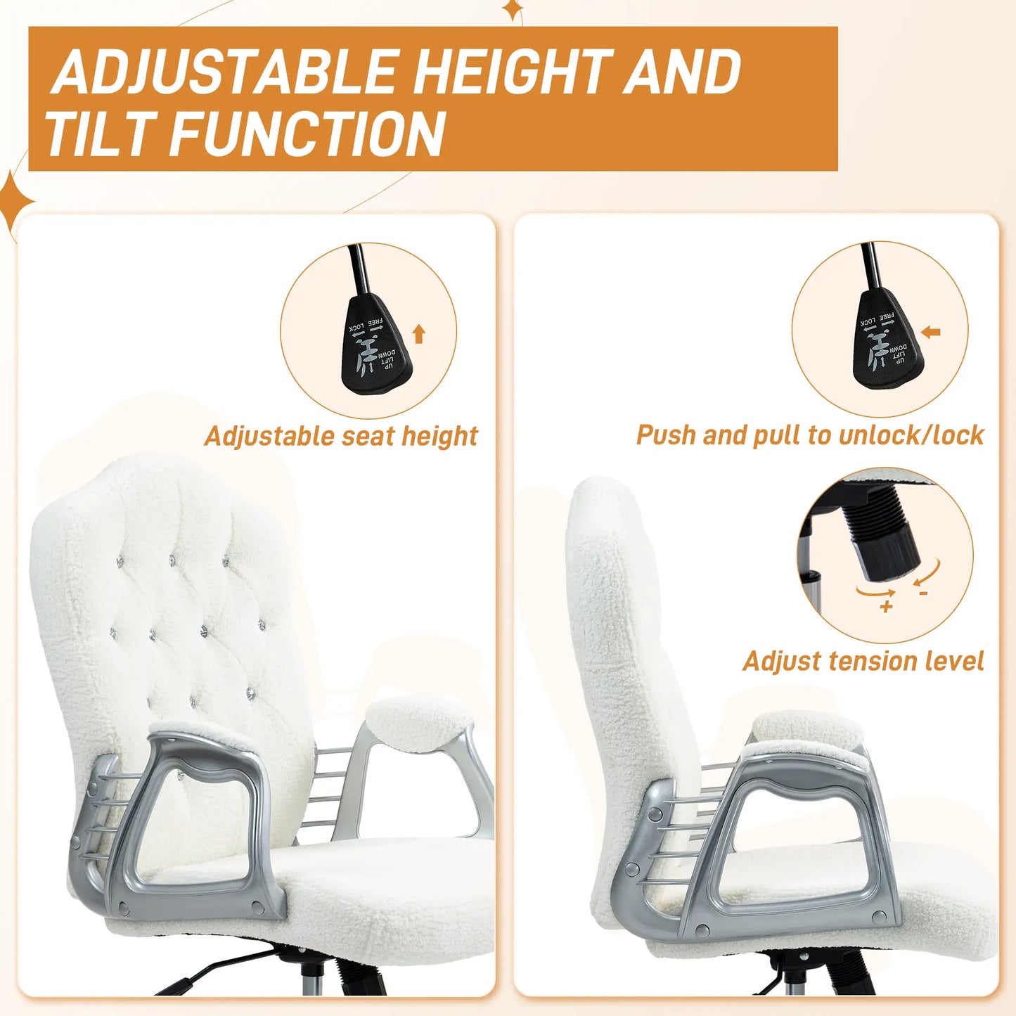 Teddy Fleece Computer Chair, Button Tufted, Swivel Wheels, Adjustable Height, White Executive & Manager Chairs at Gallery Canada
