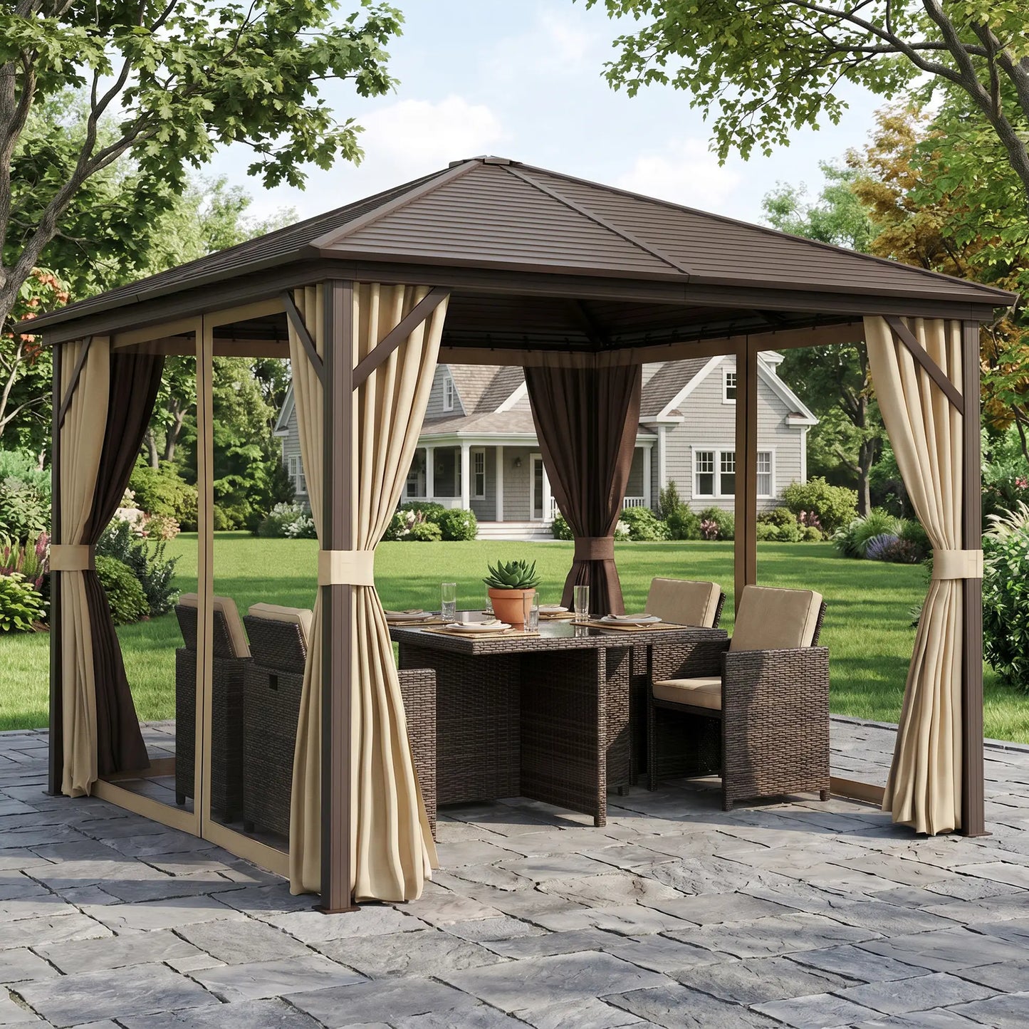 10' x 10' Hardtop Gazebo, Aluminum Canopy, Mosquito Netting, Curtains, Hanging Hook, Brown Gazebos at Gallery Canada
