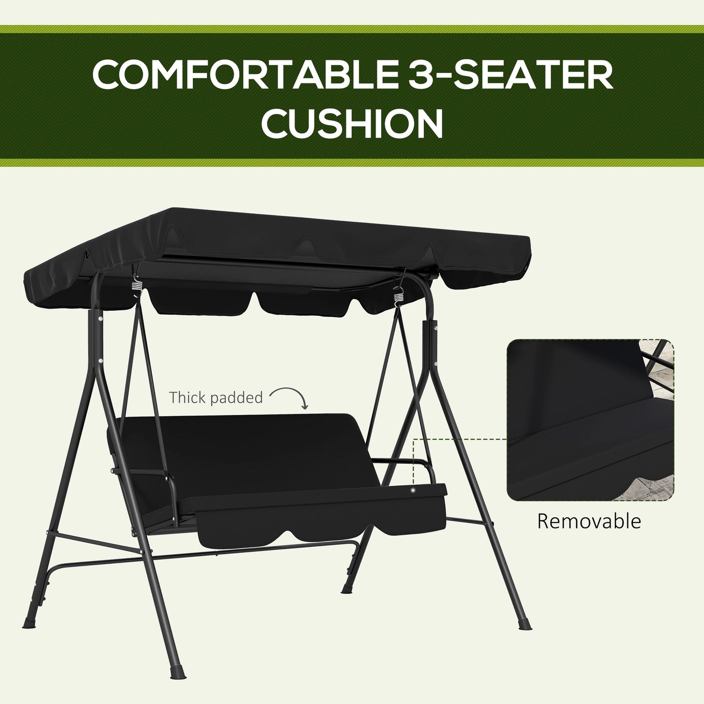 3-Seater Outdoor Porch Swing, Adjustable Canopy, Black Patio Swings with Stand at Gallery Canada