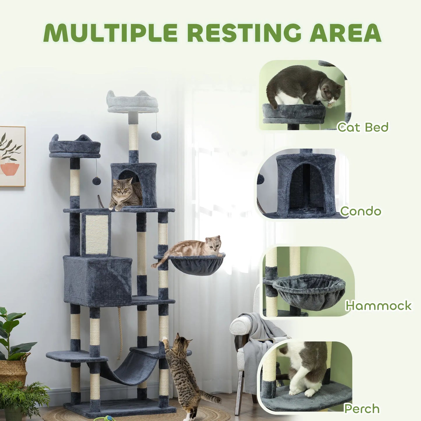 81" Large Cat Tree, Scratching Posts, Condos, Beds, Hammocks, Dark Grey Cat Towers at Gallery Canada