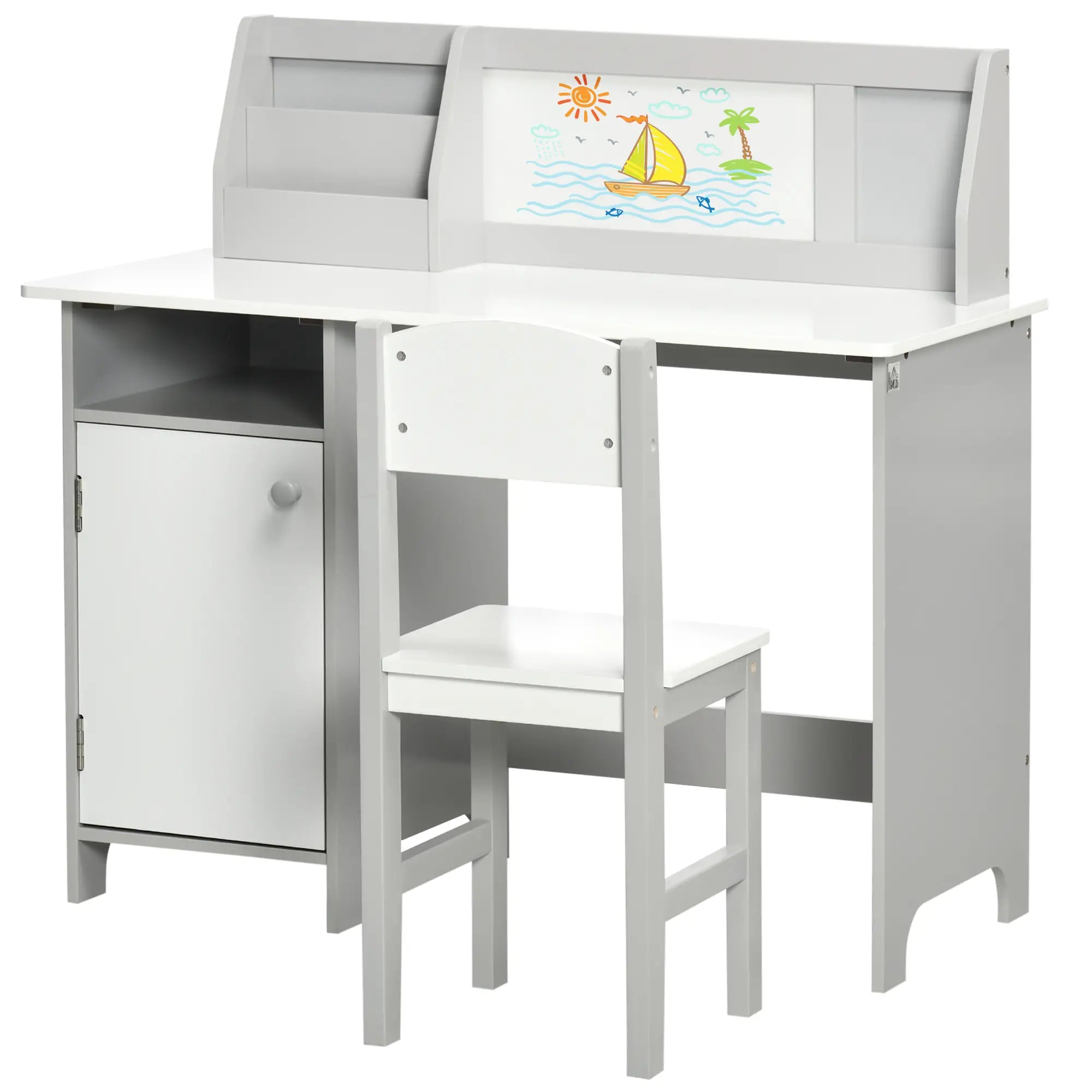 Kids Desk and Chair Set, 2Pcs, with Whiteboard, Storage, Grey Kids Desk Sets Grey, White at Gallery Canada