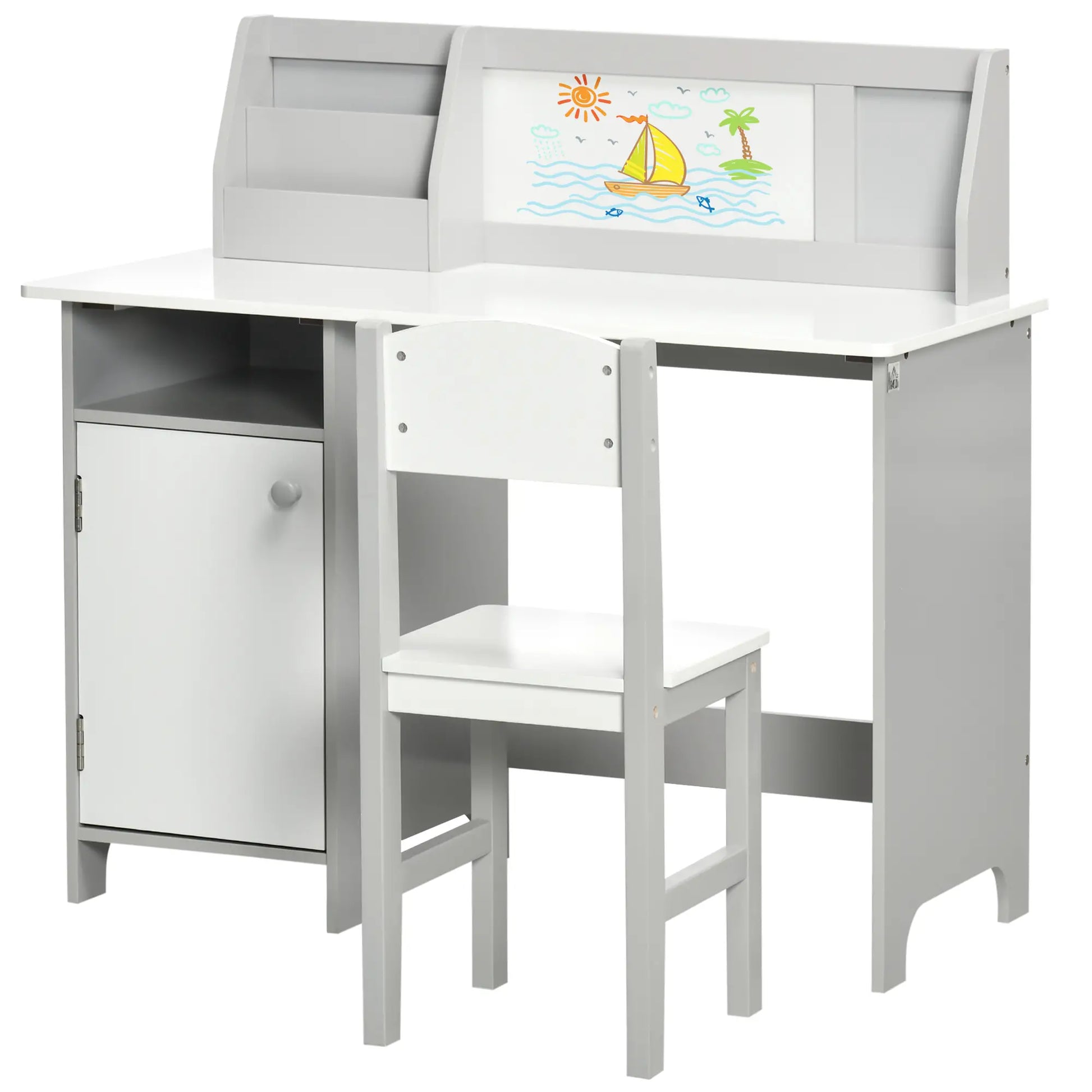 Kids Desk and Chair Set, 2Pcs, with Whiteboard, Storage, Grey Kids Desk Sets Grey, White at Gallery Canada