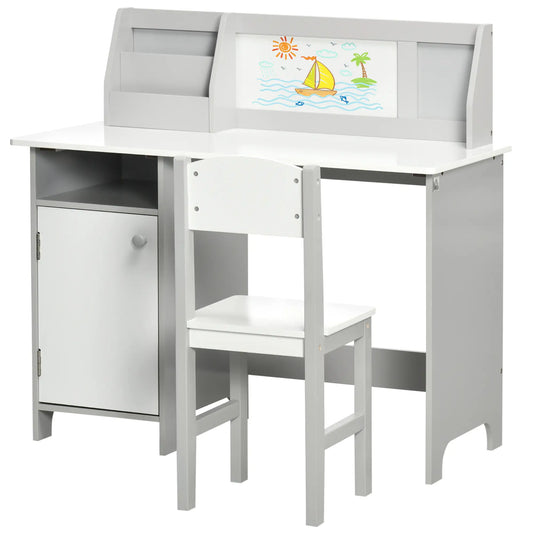 Kids Desk and Chair Set, 2Pcs, with Whiteboard, Storage, Grey Kids Desk Sets Grey, White at Gallery Canada