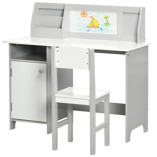 Kids Desk and Chair Set, 2Pcs, with Whiteboard, Storage, Grey