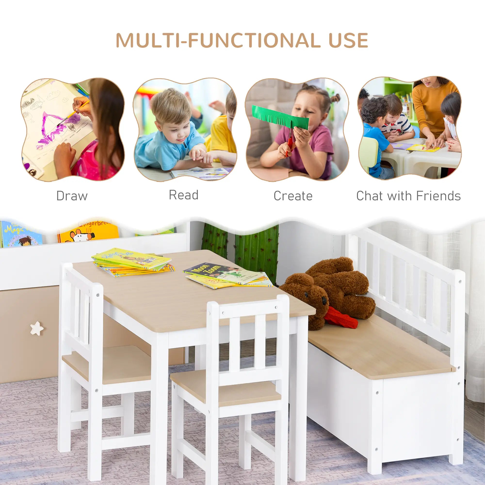 Kids Wood Table Chair Set, 4-Piece, Storage, Easy Clean, Natural, White Kids Table Sets at Gallery Canada