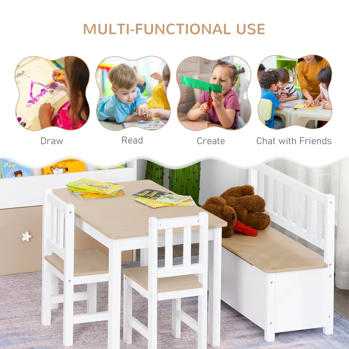 Kids Wood Table Chair Set, 4-Piece, Storage, Easy Clean, Natural, White Kids Table Sets at Gallery Canada