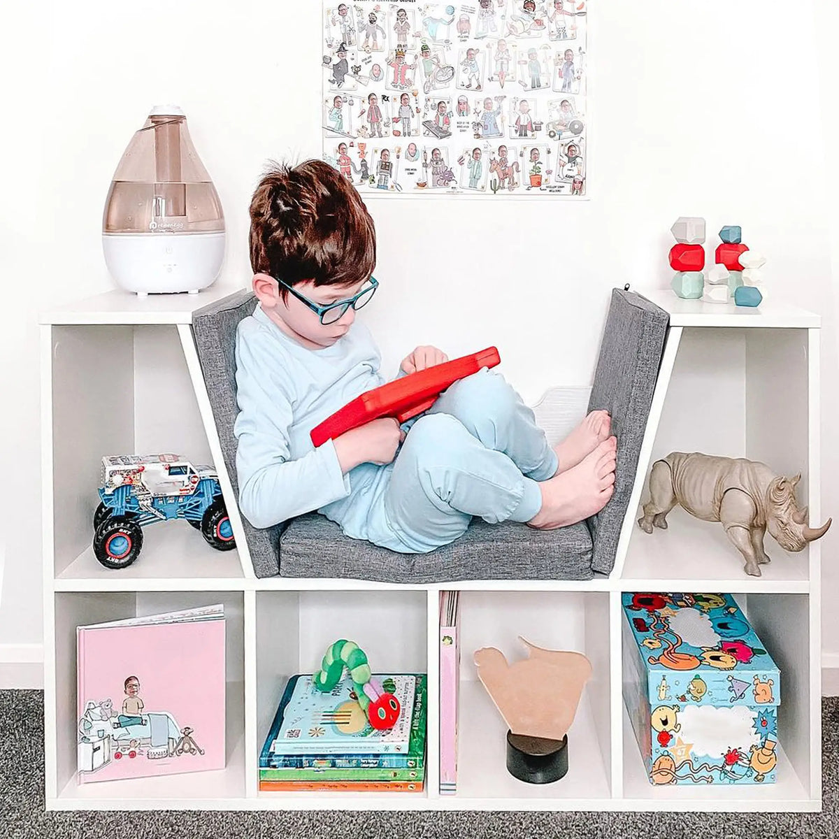 6-Cubby Bookcase with Seat Cushion, Cube Storage Shelf, Grey Small Bookshelves at Gallery Canada