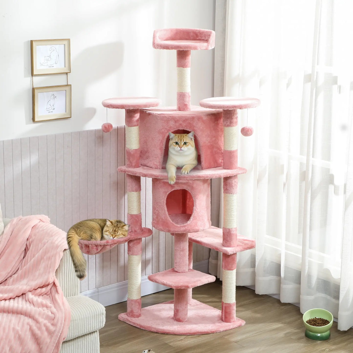 62" Cat Tree With Scratching Post, 2 Condos, Hammock, Pink