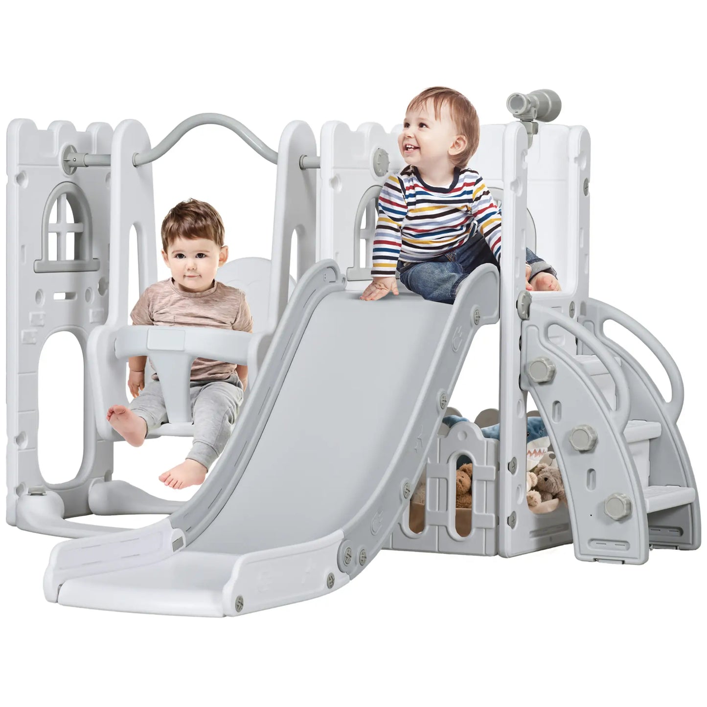 6-in-1 Baby Swing Playset, Indoor with Basketball Hoop, Climber, Grey Gym Sets & Swings at Gallery Canada