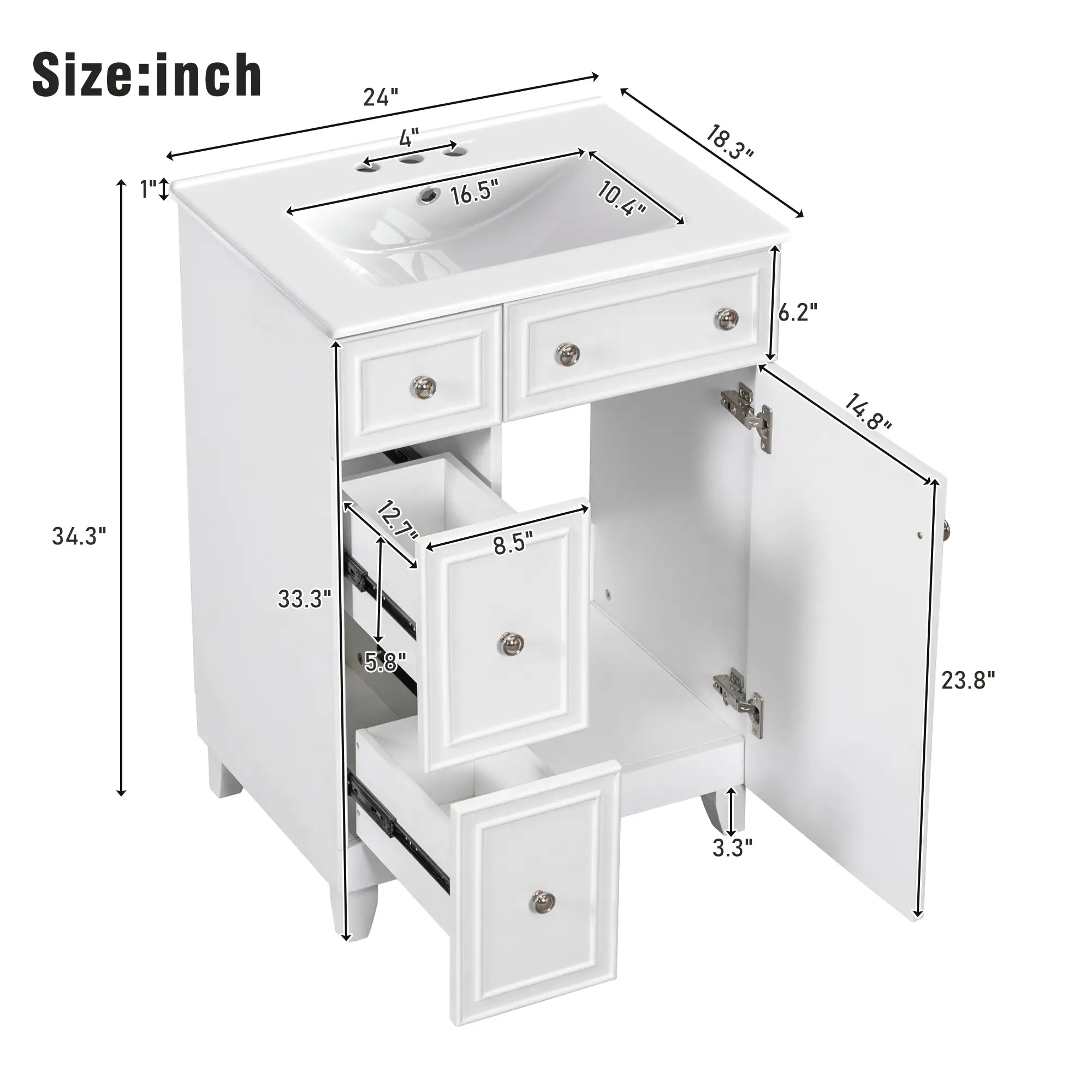 Bathroom Vanity Cabinet, 2 Drawers, Ceramic Sink, Solid Wood, 24