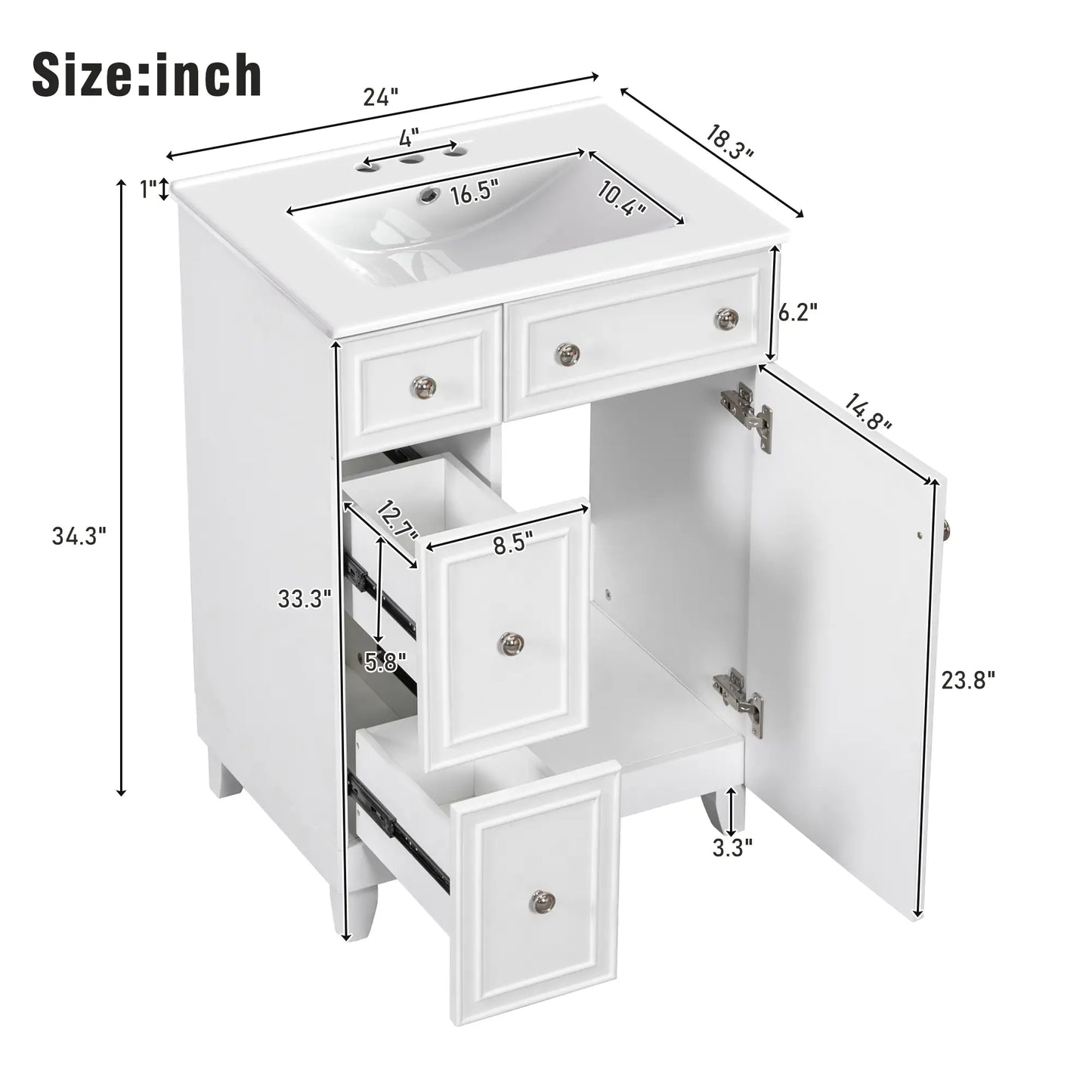 Bathroom Vanity Cabinet, 2 Drawers, Ceramic Sink, Solid Wood, 24" L x 18.5" W x 34.5" H, White Sink Cabinets at Gallery Canada