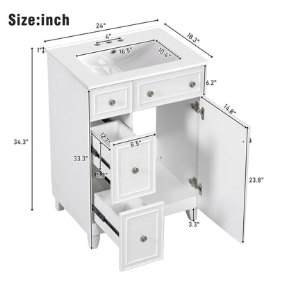 Bathroom Vanity Cabinet, 2 Drawers, Ceramic Sink, Solid Wood, 24" L x 18.5" W x 34.5" H, White Sink Cabinets at Gallery Canada