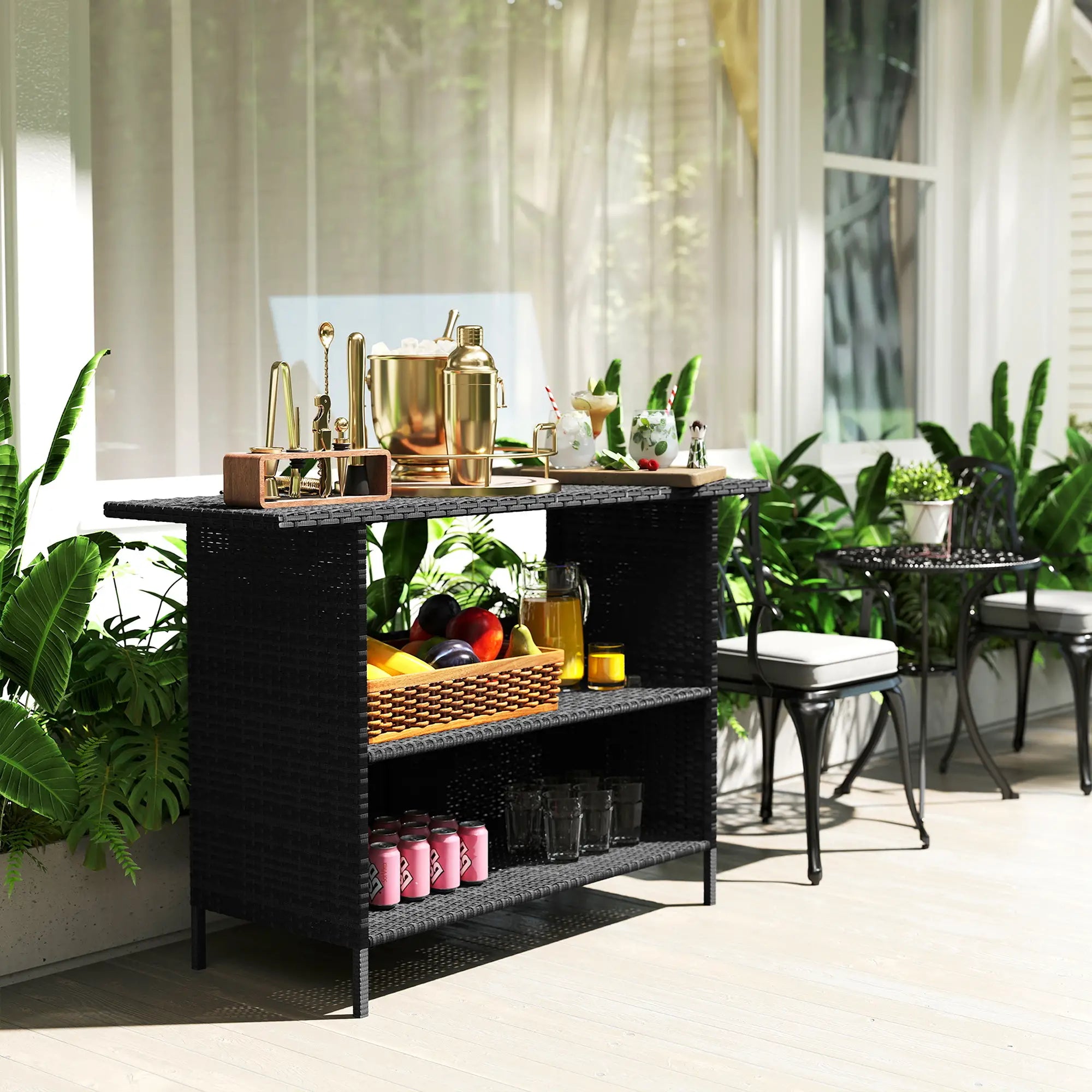PE Rattan Outdoor Bar Table, 2 Shelves, Black Patio Side Tables at Gallery Canada