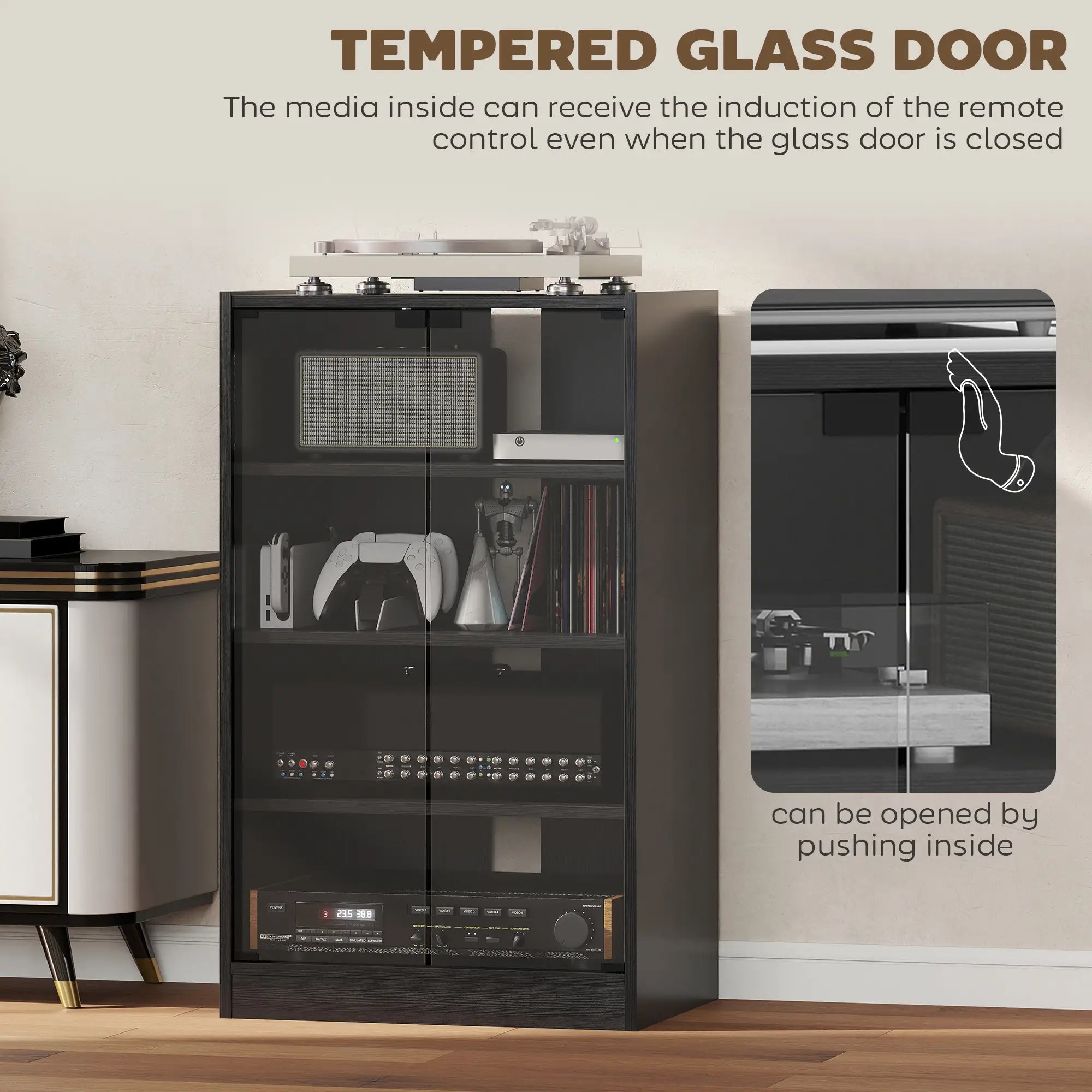 5-Tier AV Media Stand, Push Open Glass Doors, Adjustable Shelves, Distressed, Black Storage Cabinets at Gallery Canada