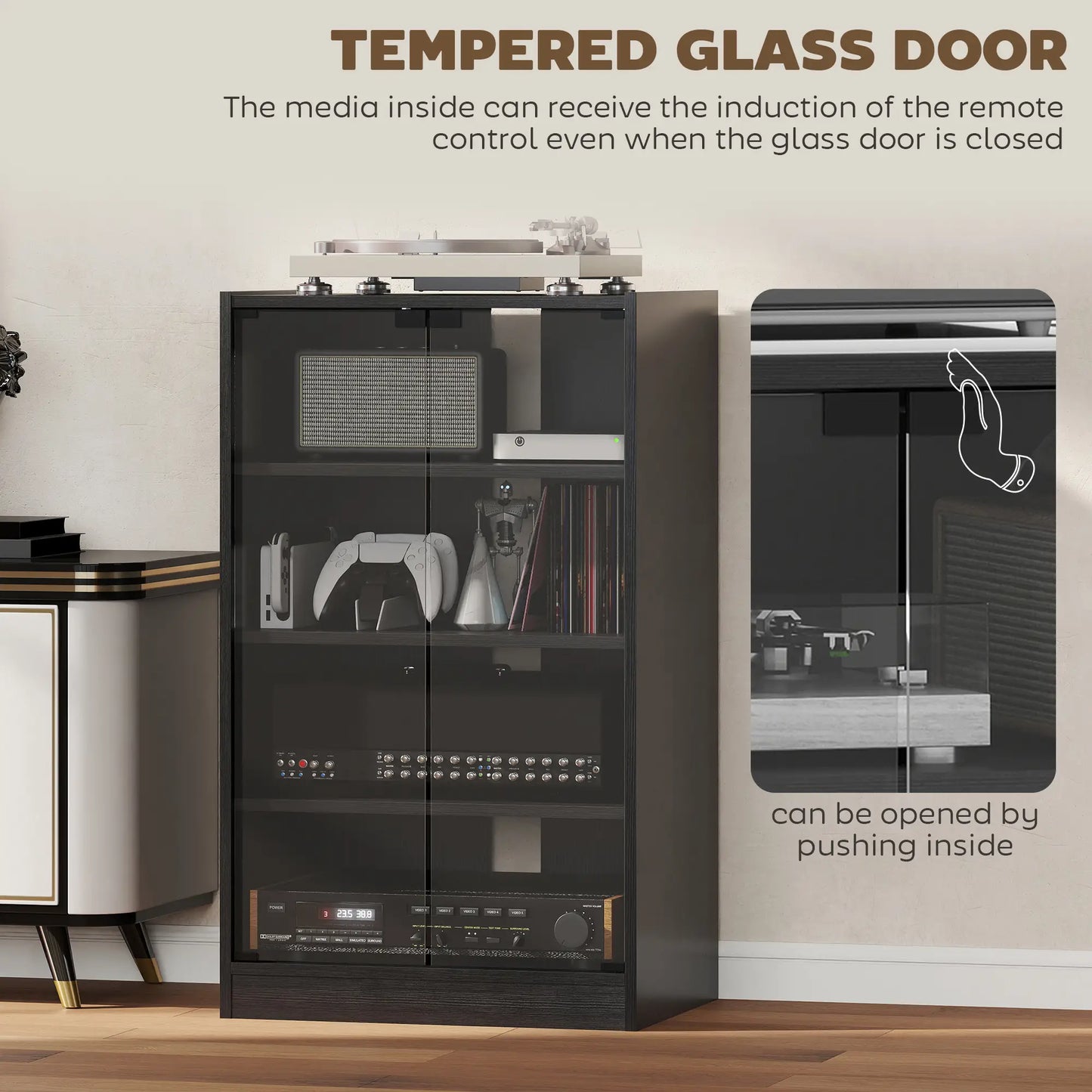 5-Tier AV Media Stand, Push Open Glass Doors, Adjustable Shelves, Distressed, Black Storage Cabinets at Gallery Canada